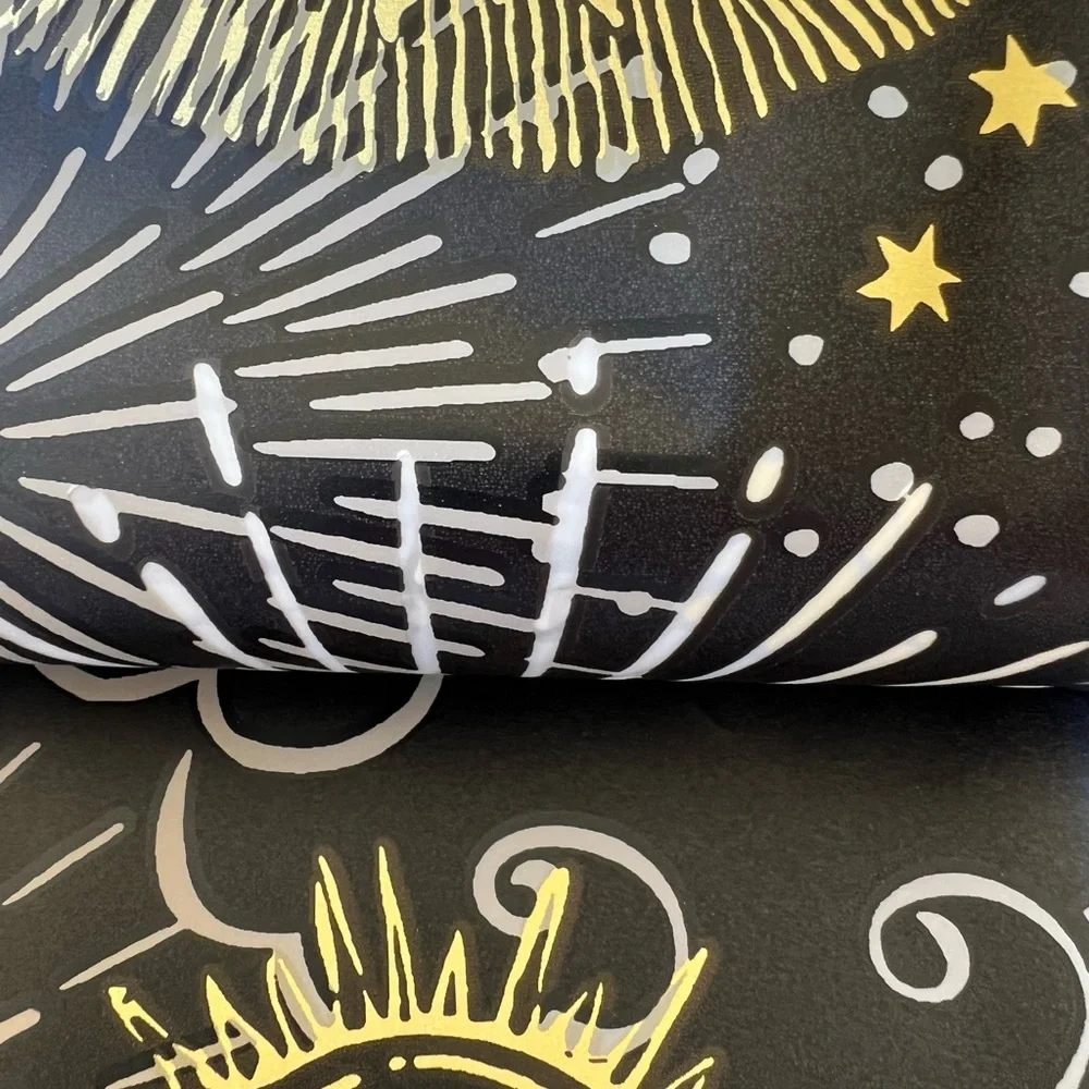 Cosmic Sun Moon Stars Peva Shower Curtain Black Gold White Mystical